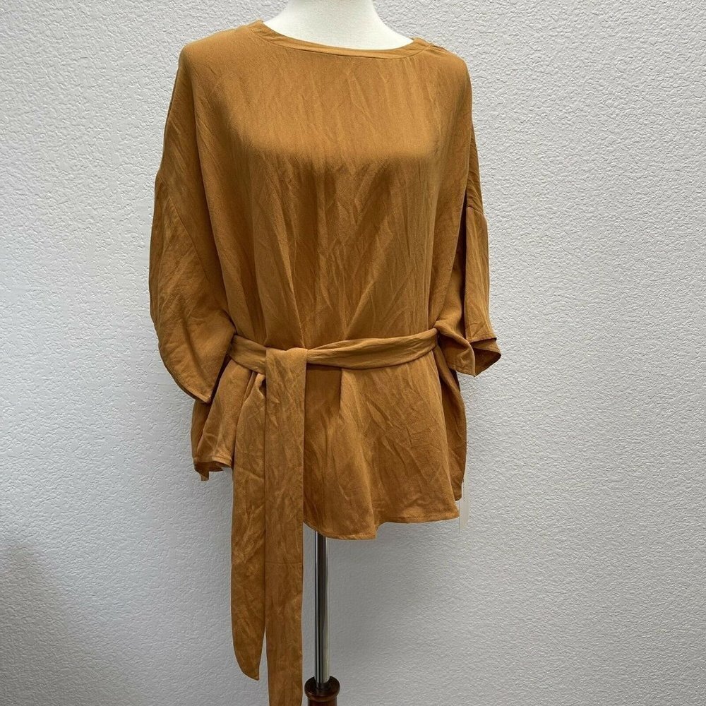 Dreamers Mustard Burnt Orange Flare Top Blouse Shirt Tie Womens Medium